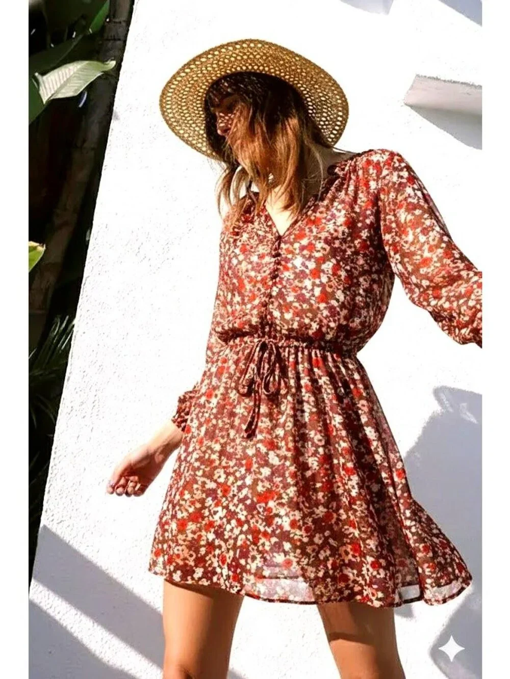 Mossimo Supply Co XXL Brown Red Floral Dress Elastic Waist Long Sleeve Casual Fi - Picture 1 of 9